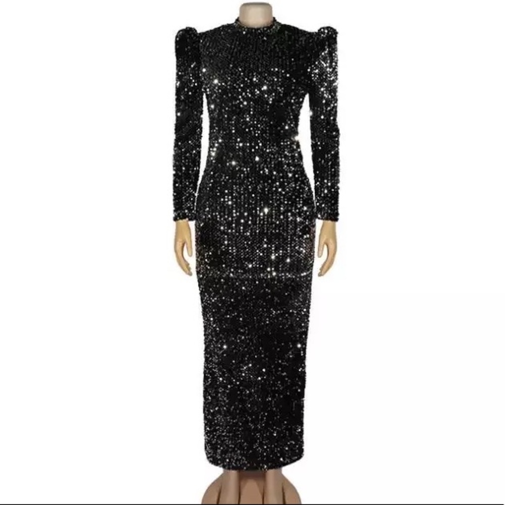 Long Sequin Puff Sleeve Bodycon Dress